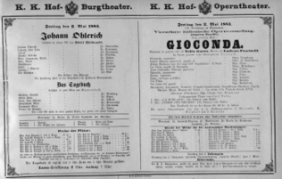Theaterzettel (Oper und Burgtheater in Wien) 18840502 Seite: 1