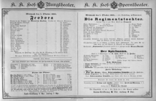 Theaterzettel (Oper und Burgtheater in Wien) 18841001 Seite: 1