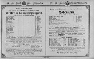 Theaterzettel (Oper und Burgtheater in Wien) 18850313 Seite: 1