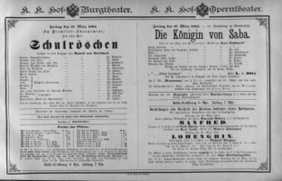 Theaterzettel (Oper und Burgtheater in Wien) 18850327 Seite: 1