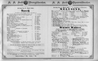 Theaterzettel (Oper und Burgtheater in Wien) 18850417 Seite: 1