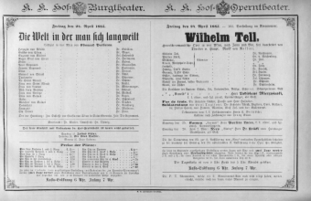 Theaterzettel (Oper und Burgtheater in Wien) 18850424 Seite: 1
