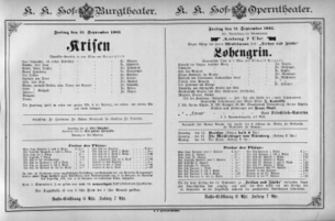 Theaterzettel (Oper und Burgtheater in Wien) 18850911 Seite: 1