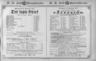 Theaterzettel (Oper und Burgtheater in Wien) 18850921 Seite: 1