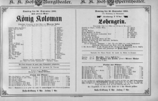 Theaterzettel (Oper und Burgtheater in Wien) 18850926 Seite: 1