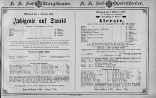 Theaterzettel (Oper und Burgtheater in Wien) 18851007 Seite: 1