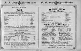 Theaterzettel (Oper und Burgtheater in Wien) 18851009 Seite: 1