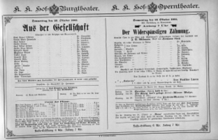 Theaterzettel (Oper und Burgtheater in Wien) 18851022 Seite: 1