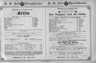Theaterzettel (Oper und Burgtheater in Wien) 18851111 Seite: 1