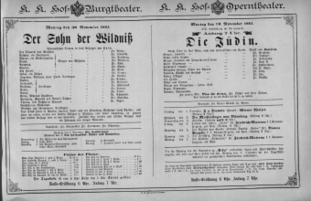 Theaterzettel (Oper und Burgtheater in Wien) 18851130 Seite: 1
