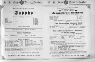 Theaterzettel (Oper und Burgtheater in Wien) 18860909 Seite: 1