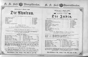 Theaterzettel (Oper und Burgtheater in Wien) 18861001 Seite: 1