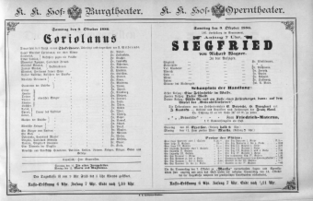 Theaterzettel (Oper und Burgtheater in Wien) 18861009 Seite: 1