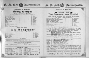 Theaterzettel (Oper und Burgtheater in Wien) 18870426 Seite: 1