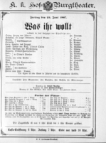 Theaterzettel (Oper und Burgtheater in Wien) 18870624 Seite: 1