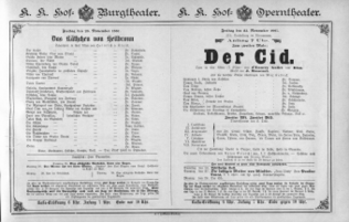 Theaterzettel (Oper und Burgtheater in Wien) 18871125 Seite: 1