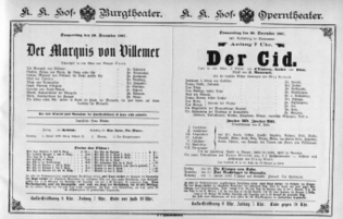Theaterzettel (Oper und Burgtheater in Wien) 18871229 Seite: 1