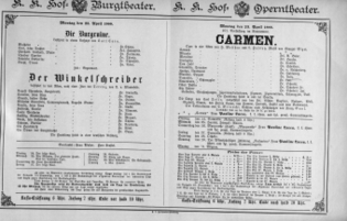 Theaterzettel (Oper und Burgtheater in Wien) 18880423 Seite: 1