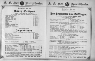 Theaterzettel (Oper und Burgtheater in Wien) 18880601 Seite: 1
