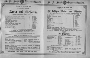 Theaterzettel (Oper und Burgtheater in Wien) 18890218 Seite: 1