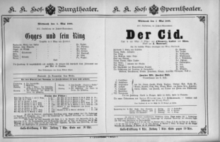 Theaterzettel (Oper und Burgtheater in Wien) 18890501 Seite: 1
