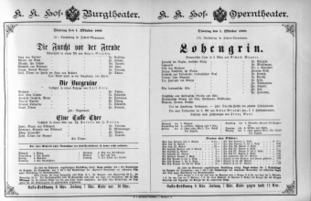 Theaterzettel (Oper und Burgtheater in Wien) 18891001 Seite: 1