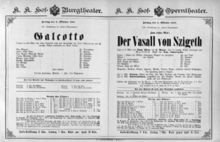 Theaterzettel (Oper und Burgtheater in Wien) 18891004 Seite: 1
