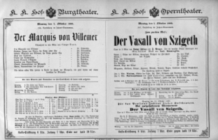 Theaterzettel (Oper und Burgtheater in Wien) 18891007 Seite: 1