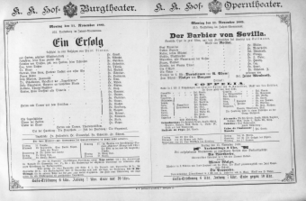 Theaterzettel (Oper und Burgtheater in Wien) 18891111 Seite: 1