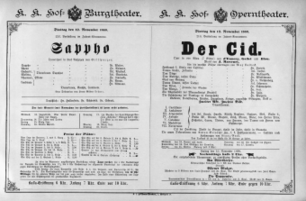 Theaterzettel (Oper und Burgtheater in Wien) 18891112 Seite: 1