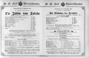 Theaterzettel (Oper und Burgtheater in Wien) 18891114 Seite: 1