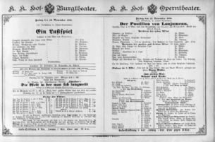Theaterzettel (Oper und Burgtheater in Wien) 18891122 Seite: 1