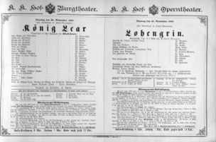 Theaterzettel (Oper und Burgtheater in Wien) 18891126 Seite: 1