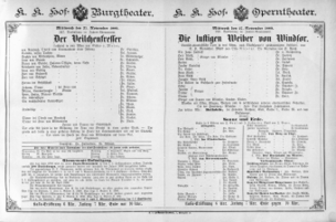 Theaterzettel (Oper und Burgtheater in Wien) 18891127 Seite: 1