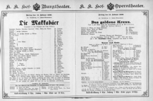 Theaterzettel (Oper und Burgtheater in Wien) 18900214 Seite: 1