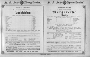Theaterzettel (Oper und Burgtheater in Wien) 18910406 Seite: 1