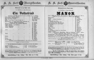 Theaterzettel (Oper und Burgtheater in Wien) 18910415 Seite: 1