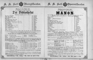 Theaterzettel (Oper und Burgtheater in Wien) 18910428 Seite: 1