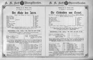 Theaterzettel (Oper und Burgtheater in Wien) 18911013 Seite: 1