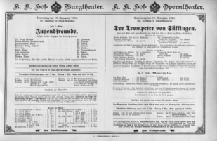 Theaterzettel (Oper und Burgtheater in Wien) 18971118 Seite: 1