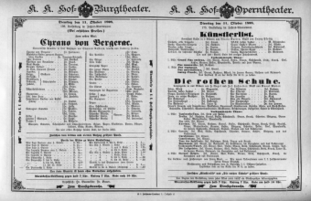 Theaterzettel (Oper und Burgtheater in Wien) 18981011 Seite: 1