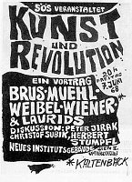 Abb. 3: Kunst und Revolution. Flugblatt zu einer Veranstaltung des Sozialistischen Österreichischen Studentenbunds am 7. Juni 1968 (Design: Günter Brus). Das Happening im neuen Institutsgebäude der Universität Wien, an dem unter anderem der Schriftsteller Oswald Wiener teilnahm, wurde in Wien zum Skandal. [Foto: ÖNB]. In: Sichtungen 2, S. 247