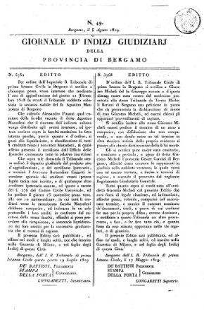 Giornale d'indizi giudiziarj della provincia di Bergamo