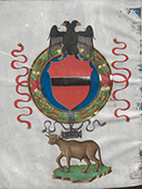 Doppelseitiger Ziertitel mit Darstellung des Stiergottes Apis, Symbolen (Festung und Schlange) und Wappen 