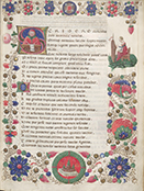 Initiale mit Autorenbild, Bianca Maria Sforza am Lesepult, am unteren Rand ihr Monogramm (BI.MA.) und das Motto "Mit zait" 