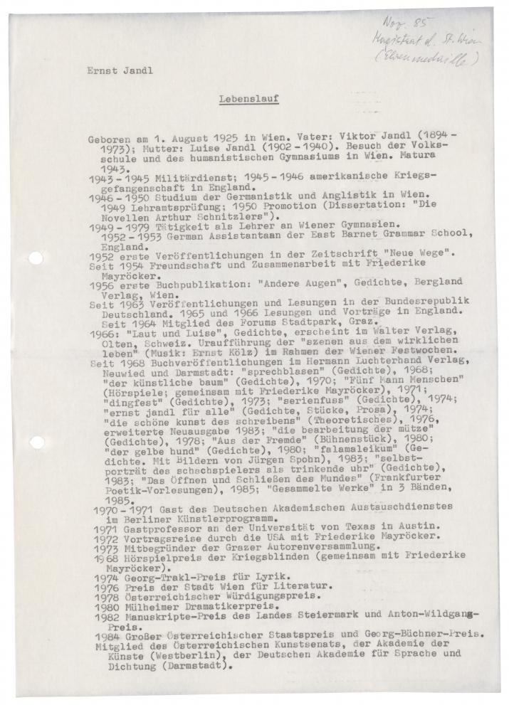 Biobibliographie Ernst Jandl, 1980er Jahre (Literaturarchiv der Österreichischen Nationalbibliothek, Nachlass Ernst Jandl, ÖLA 139/99)