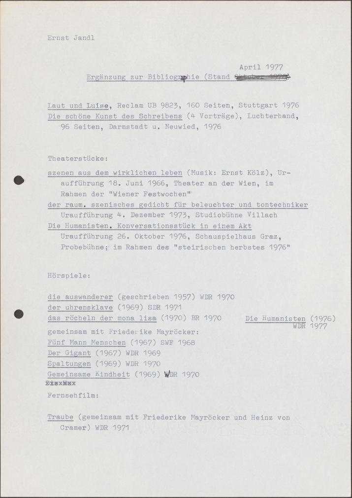 Biobibliographie Ernst Jandl, 1970er Jahre (Literaturarchiv der Österreichischen Nationalbibliothek, Nachlass Ernst Jandl, ÖLA 139/99)