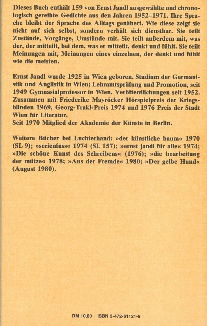 Ernst Jandl: Dingfest, Luchterhand 1973, 4. Auflage 1980, Rückseite
