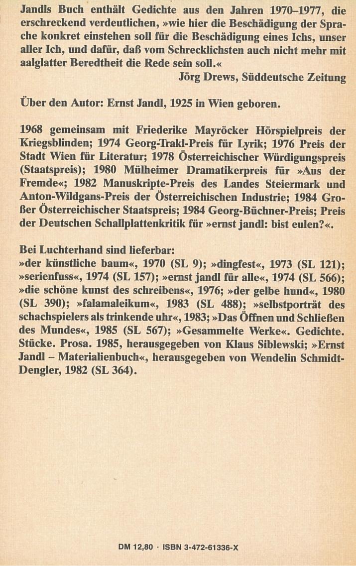 Ernst Jandl: die bearbeitung der mütze, Luchterhand 1981, 2. Auflage 1985, Rückseite