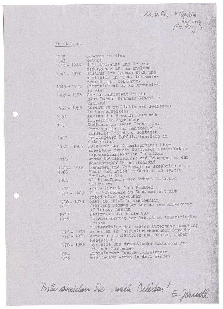 Biobibliographie Ernst Jandl, 1980er Jahre (Literaturarchiv der Österreichischen Nationalbibliothek, Nachlass Ernst Jandl, ÖLA 139/99)